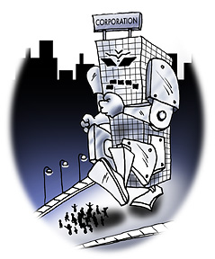 Line art of monster 'transformer'-like 'corporation' building trampling relatively tiny people