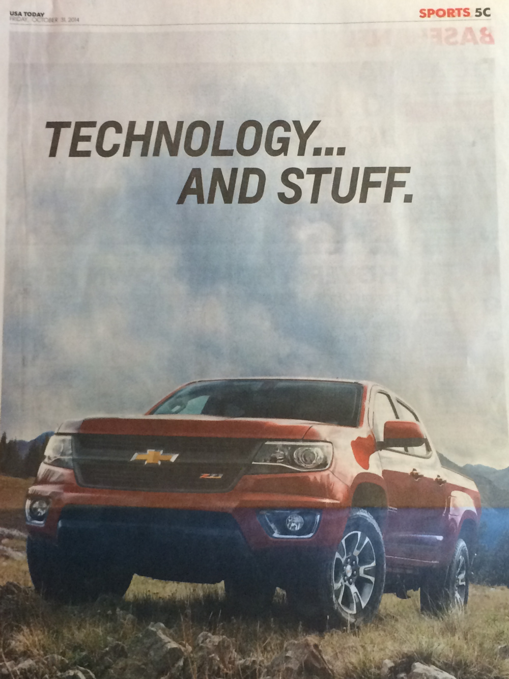 Newspaper ad of new Chevrolet pickup truck; headline 'Technology and stuff'
